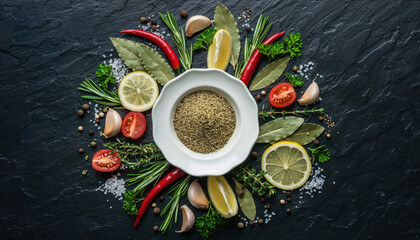 Generated image. Fresh herbs and spices arranged around a bowl on a dark stone surface showcasing culinary ingredients