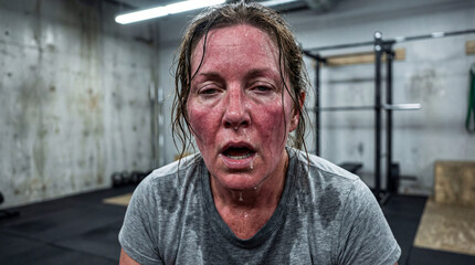 Woman completing an intense workout in a gym during the afternoon while showing signs of fatigue and effort