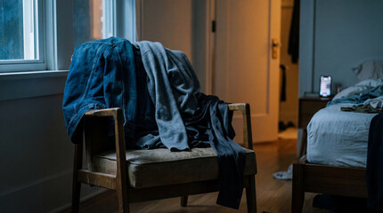 Clothes are scattered on a chair in a room with warm light and a bed that is not made