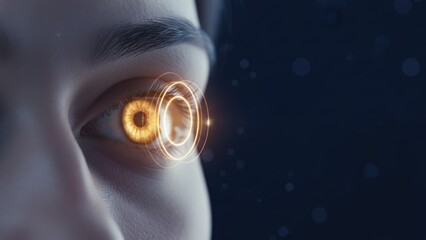 An eye with glowing iris and scanning device nearby, vision testing scene, Glaucoma diagnosis and eye care concept