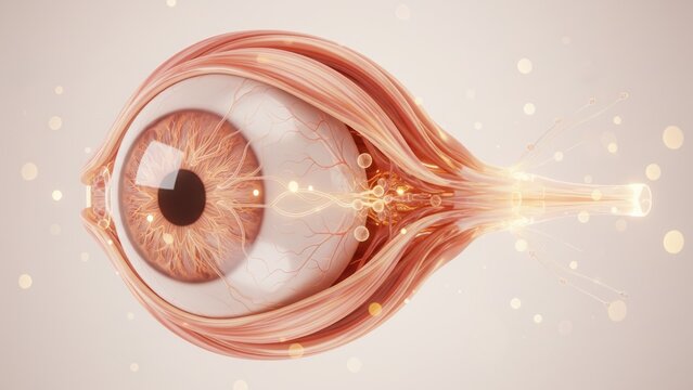 A glowing abstract eye cross section with neural filaments and light stream, symbolizing vision science, Glaucoma awareness, medical concept