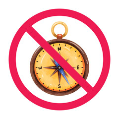 No compass sign, no navigation tool allowed icon, do not use compass symbol, prohibited navigation equipment icon, vector illustration
