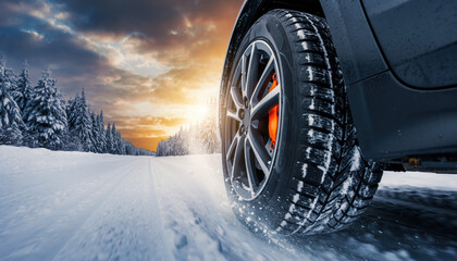 Generated image. Winter driving on a snowy road at sunset with a focus on the tire and landscape
