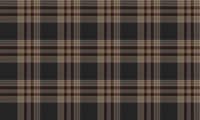 Seamless vector plaid fabric in classic black, beige, and brown tones, ideal for fashion clothing designs, skirts, and trousers, adding a modern and unique touch.