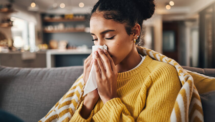 Generated image. Woman sitting on a couch holds a tissue to her face while feeling unwell in a cozy living room