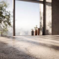 Concrete table with sunlight and blurred background