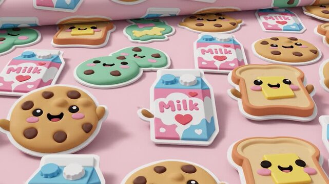 Cute cookie chocolate chip pastel milk carton smiling toast with butter kawaii dessert sticker pattern pink background playful happy expression soft shadow lighting cute cookie milk carton and toast
