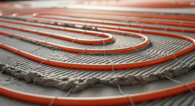 Closeup of radiant floor heat cables within thinset emphasizing durability and slim design for energyefficient indoor heating.