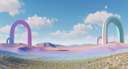 Dreamy 3D landscape featuring pastel colored sand dunes, abstract arches, and blue sky with clouds.