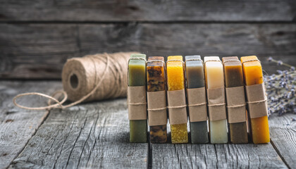 Generated image. Natural soap bars arranged on a wooden table with twine and lavender nearby in an indoor setting