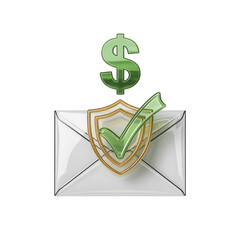 Green dollar sign and check mark on a transparent background white envelope... isolated on a transparent background