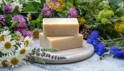 Generated image. Natural soap bars placed on a wooden board surrounded by fresh flowers and herbs in a bright setup