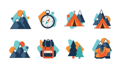 Outdoor adventure icons mountains compass tent backpack hiking travel vector illustrations © Growong