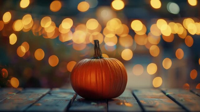 A single pumpkin placed on a wooden table with warm bokeh lights in background symbolizing cozy autumn season festive mood and harvest celebration 4K HD Video