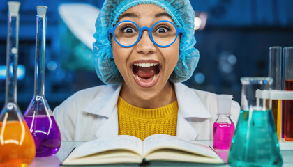 Generated image. Scientist works in a laboratory and smiles widely while conducting experiments with colorful liquids and research materials