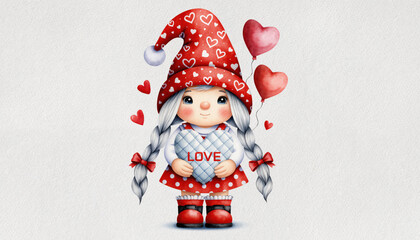 Generated image. Cute girl with braided hair in red hat holding heart-shaped sign in a festive setting with hearts and balloons