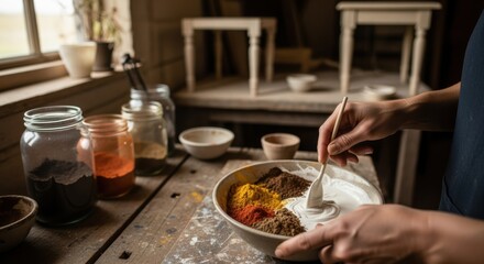 Artisan mixing natural pigments for milkpaint in rustic studio demonstrating handmade paint preparation for ecofriendly furniture finishes.