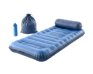 Inflatable air mattress with pillow carry bag and water bottle ready for camping or outdoor recreation isolated on white background.