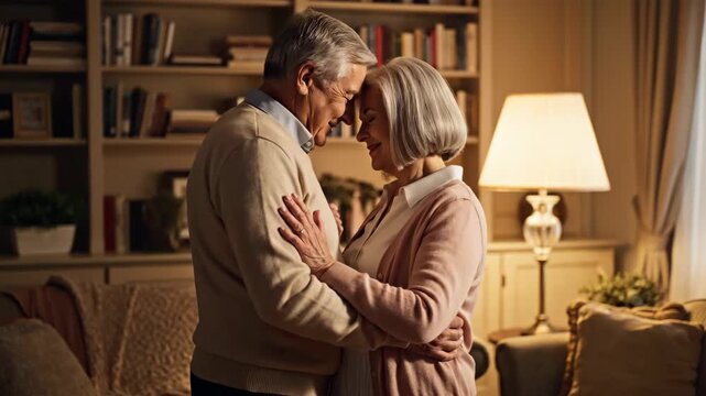 Loving senior couple embracing with foreheads touching at home. Elderly man kissing woman on the forehead in a warm living room. Enduring romance and retirement concept