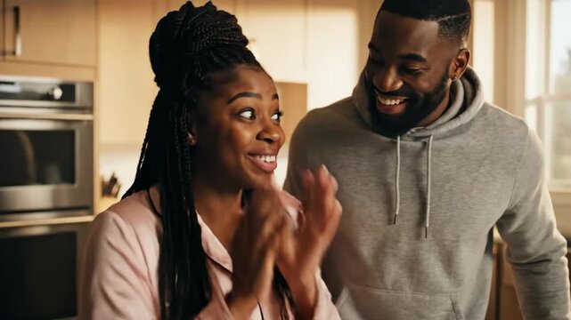 Happy Black couple sharing a romantic surprise in a modern kitchen. Man covering woman's eyes before a reveal. Valentine's Day concept