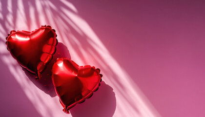 Generated image. Red heart shapes on a pink surface with shadows in a well-lit room during the afternoon