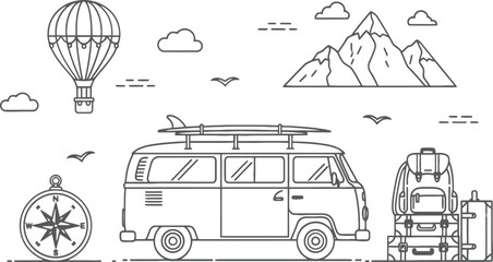 Adventure van with hot air balloon and compass
