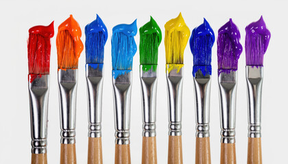 Generated image. Colorful paintbrushes lined up with paint in a range of colors ready for creative work