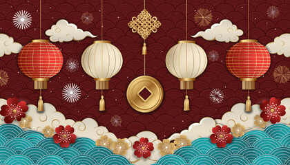 Generated image. Red lanterns hang from the top against a dark background with waves, flowers, and decorative clouds during a festive celebration