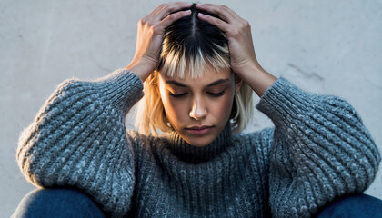 Generated image. Woman sits on the ground holding her head while looking down in a gray sweater against a plain background in dim light