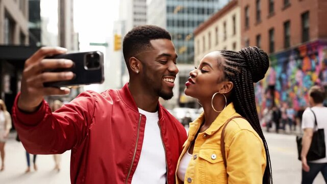 Young Black couple taking a selfie with a smartphone on a city street. Happy man and woman making playful faces and kissing on the cheek. Romantic urban date concept