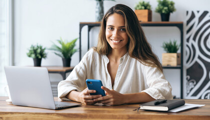 Generated image. Young woman sits at desk with laptop and phone, smiling during work at home in bright room with plants