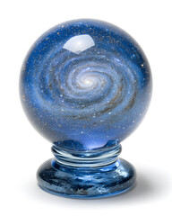 Crystal ball with galaxy inside representing cosmic future isolated on white background.