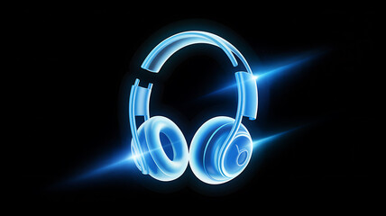 A glowing futuristic depiction of blue headphones illuminated with radiant light streaks against a dark background showcasing modern audio technology