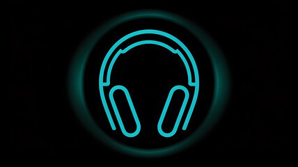 A striking neon blue outline of over ear headphones glows against a dark solid black background creating a modern image