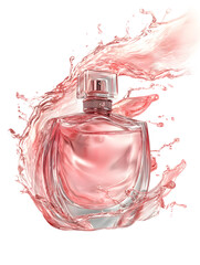 Elegant perfume bottle with splashing pink liquid luxurious fragrance concept isolated on white background.