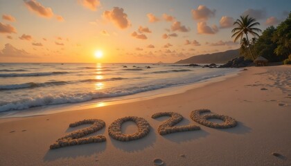 New Year 2026 Sand Text on Tropical Island Beach
