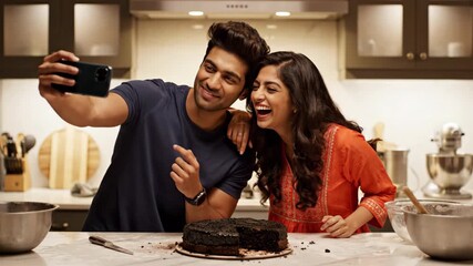 Happy young couple laughing and taking a selfie with a burnt cake. Man and woman finding humor in a baking failure in their modern kitchen. Relationship and domestic life concept - Powered by Adobe