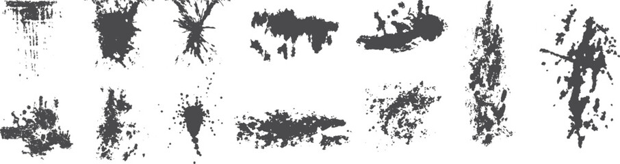 Grunge ink splatter texture set with rough paint stains and brush marks. Black abstract smudges, splashes, and distressed elements isolated on white. Ideal for grunge design, overlays, posters,
