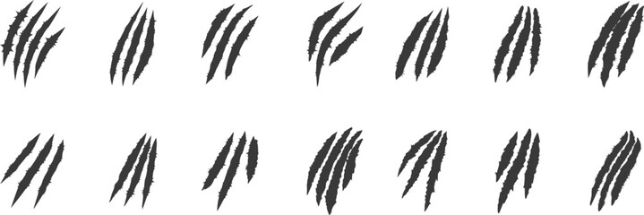 Claw scratch mark set with rough ink strokes and sharp slashes. Black grunge scratch textures suggest animal claws, damage, or ripped surfaces. Ideal for horror, action designs, overlays, and distress