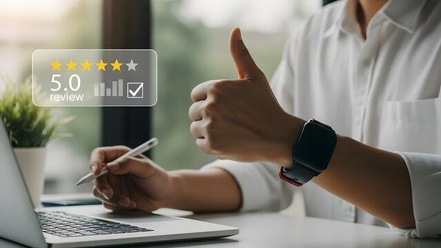 Businessman giving thumbs up while working on laptop with digital metrics displayed