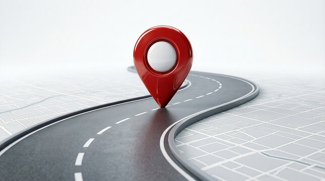 Winding Road with Red Location Pins on White Background for Business or Travel Concept
