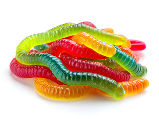 Pile of colorful gummy worm candies sweet chewy treats for snacks and parties isolated on white background.