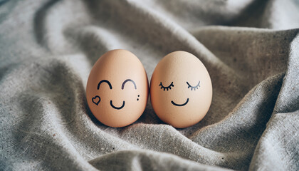 Generated image. Happy eggs with smiling faces on fabric in soft light showing a playful scene indoors