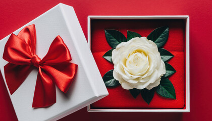 Generated image. Gift box with a white rose and green leaves on red background during a special occasion