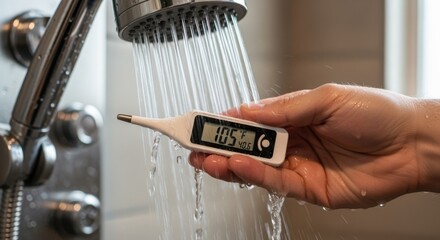 Closeup of water temperature test after new shower mixing valve installation with running water from showerhead.