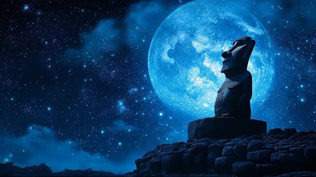 A serene moai statue under a bright blue moon and starry sky.