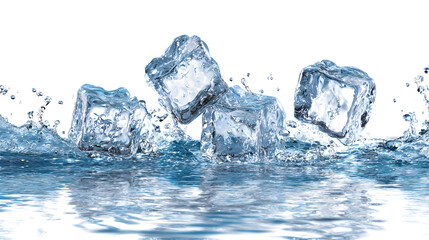 Ice cubes splashing into water creating refreshing splashes and reflections perfect for summer drinks and cool concepts.
