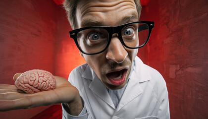 Generated image. scientist, brain, surprised, red background, laboratory, experiment, science, research, medical, human anatomy, curiosity, education, healthcare, holding, examination, discovery, youn