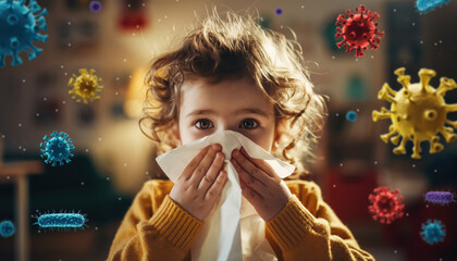 Generated image. Child blowing nose while surrounded by germs in indoor setting during cold season