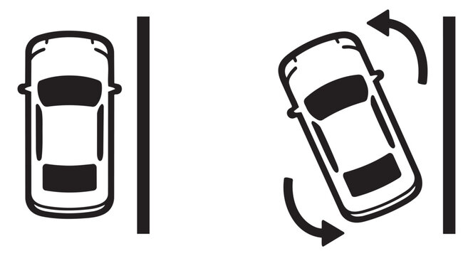 Outline car parking set featuring a parked vehicle and another executing parallel parking with guidance arrows for driving education